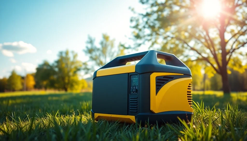 Efficient solar powered generator displayed in a vibrant outdoor setting, showcasing eco-friendly design.