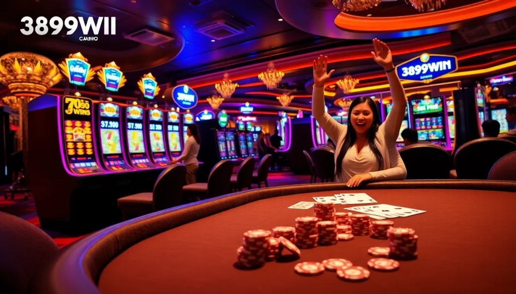 Players enjoying exciting gaming moments at 389WIN, showcasing vibrant slot machines and thrilling atmosphere.