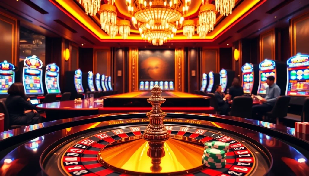 Exciting casino scene illustrating Link Vào Loto188 with vibrant game elements and professional ambience.