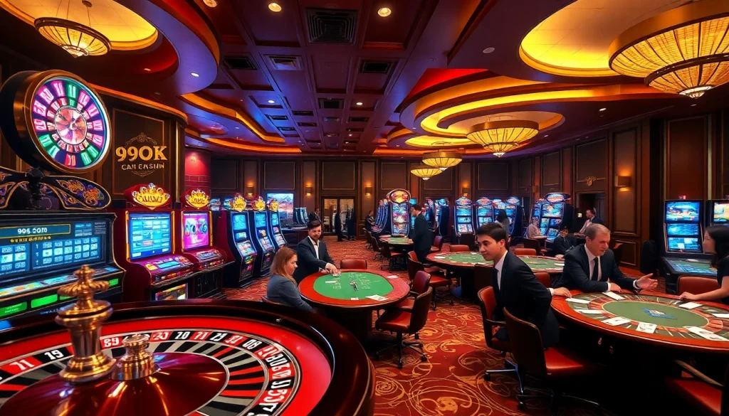 Experience the thrill of high-stakes gaming at 99OK.COM with vibrant casino scenes featuring engaging players.