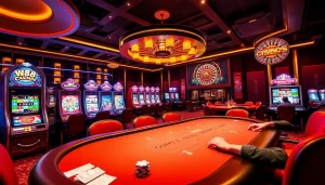 Experience the excitement of high-stakes gambling at W88 casino with vibrant slot machines and poker tables.