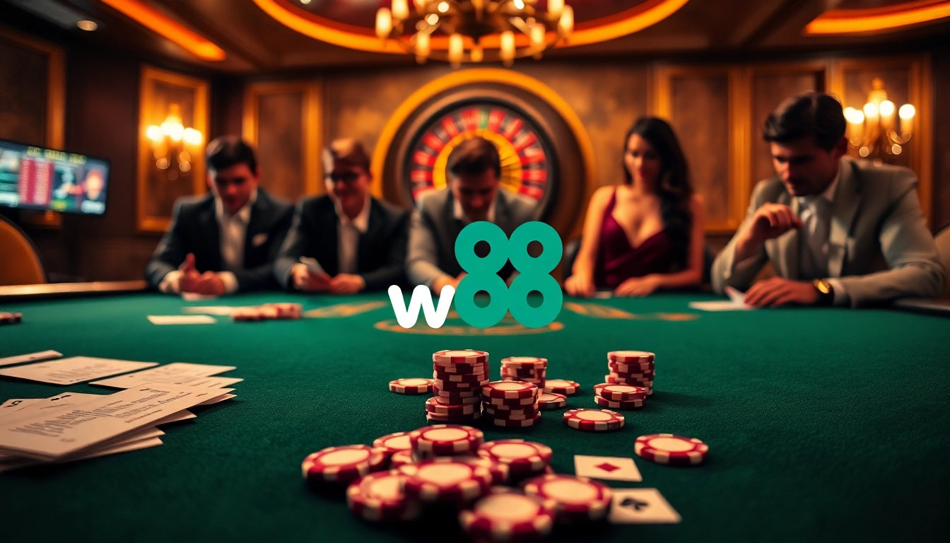Cảnh chơi poker đầy sôi động, thể hiện liên kết W88, những chiếc chip và vé cược thu hút các cược thủ có kinh nghiệm.