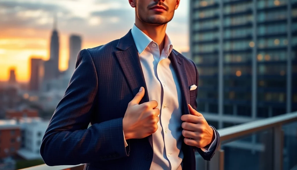 Showcasing a tailored bespoke custom made suit on a confident man in an urban setting.