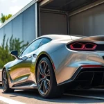 Securely loading a luxury vehicle at https://luxuryautocarriers.com into an enclosed transport truck.