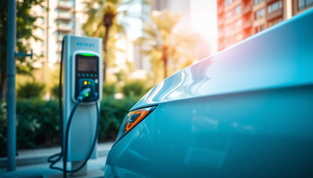 Discover the latest EV charging news with a sleek electric vehicle charging at a modern station in the city.