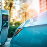 Discover the latest EV charging news with a sleek electric vehicle charging at a modern station in the city.