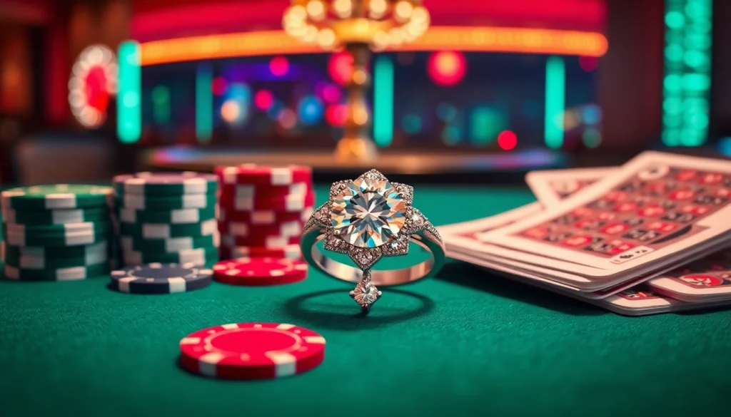 Engagement ring surrounded by poker chips, enhancing the romantic vibe of 求婚戒指 in a casino setting.