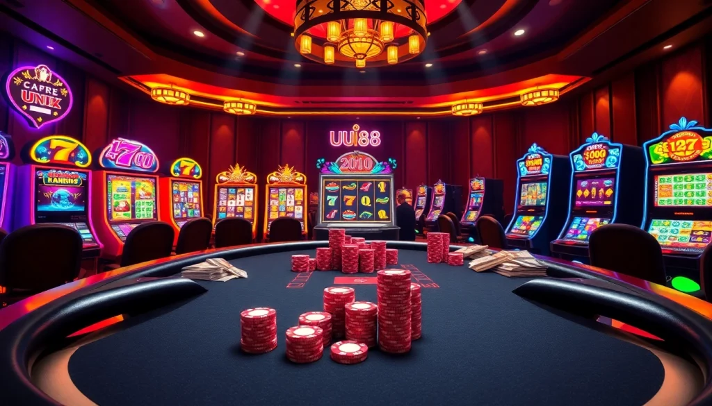 Experience the excitement of uu88 casino with vibrant gaming tables, slots, and poker chips.