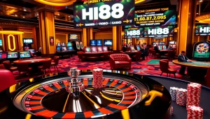 Hi88 online casino featuring roulette wheels and vibrant poker chips in a luxury atmosphere.