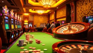 Experience thrilling gambling action at Rajabarong's top slot games amidst vibrant casino visuals.