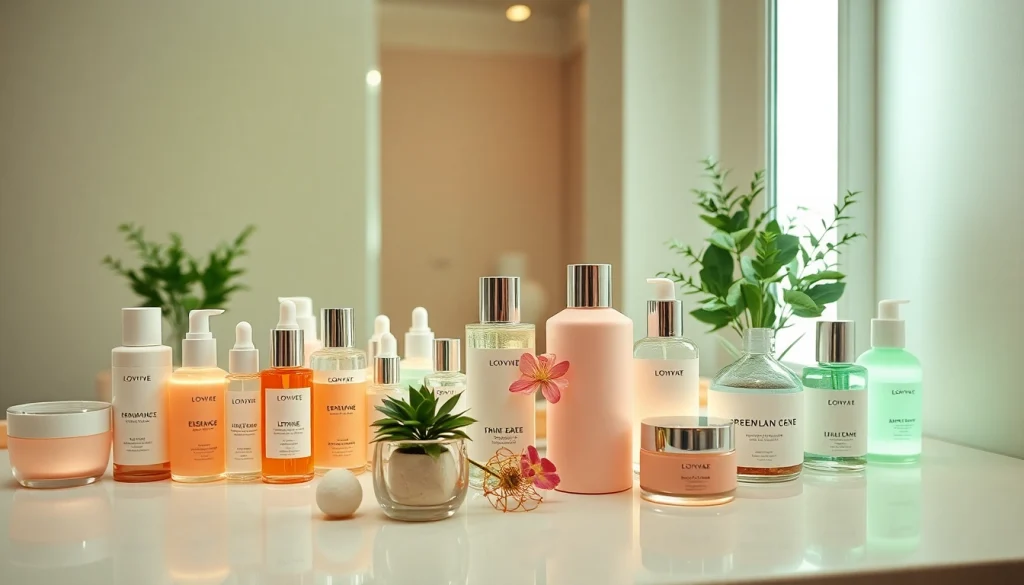 Utforska vackra koreanska hudvårdsprodukter på en modern hudvårdsbänk.