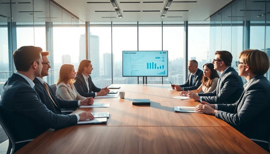 Engaging business professionals collaborate in a sleek conference room for strategic planning.