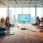Engaging business professionals collaborate in a sleek conference room for strategic planning.