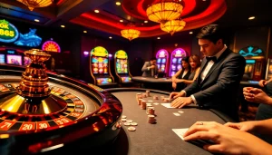 Experience thrilling gaming at OK365 with golden chips and vibrant roulette.