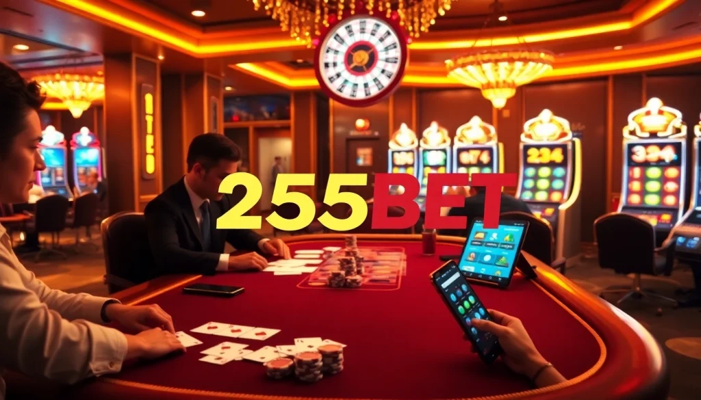 Experience the thrill of 255BET online gambling with a luxurious casino ambiance featuring cards and chips.