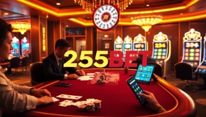 Experience the thrill of 255BET online gambling with a luxurious casino ambiance featuring cards and chips.