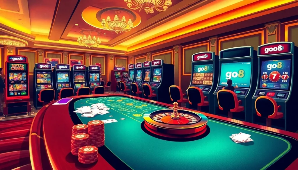 Players enjoying a thrilling game at go8 online casino, featuring vibrant gaming tables and slot machines.