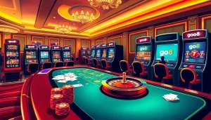 Players enjoying a thrilling game at go8 online casino, featuring vibrant gaming tables and slot machines.