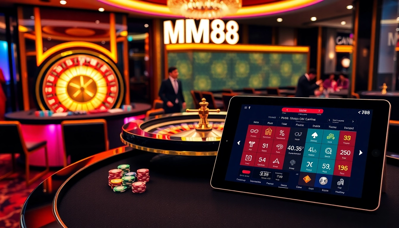 Experience exhilarating gaming at https://mm88.sa.com/ with vibrant casino elements like roulette, poker chips, and a lively atmosphere.
