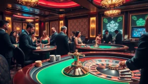 Gamble skillfully at a luxurious casino featuring vibrant poker tables, okbay chips, and roulette wheels.