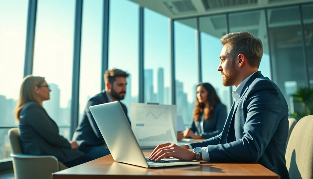 Engaging business team collaborating on digital strategies in a modern workspace.