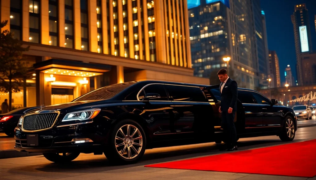 Book a luxurious limousine service near me with a chauffeur at a hotel entrance.