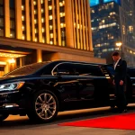 Book a luxurious limousine service near me with a chauffeur at a hotel entrance.
