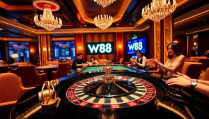 Join the excitement at W88's luxurious roulette table, where players enjoy thrilling bets in a vibrant casino.