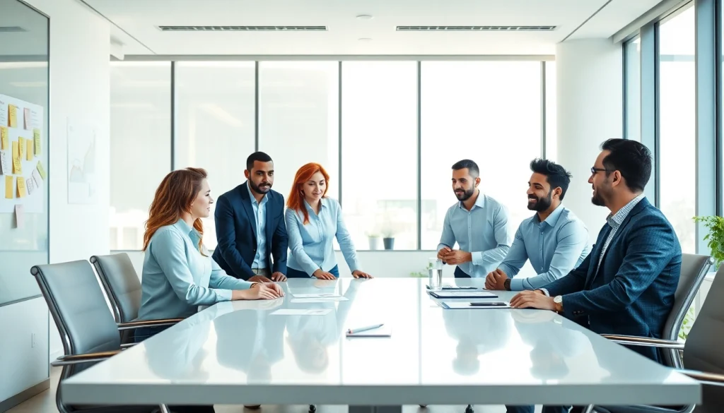 Engaging scene of business collaboration in a modern office setting, reflecting teamwork and innovation.