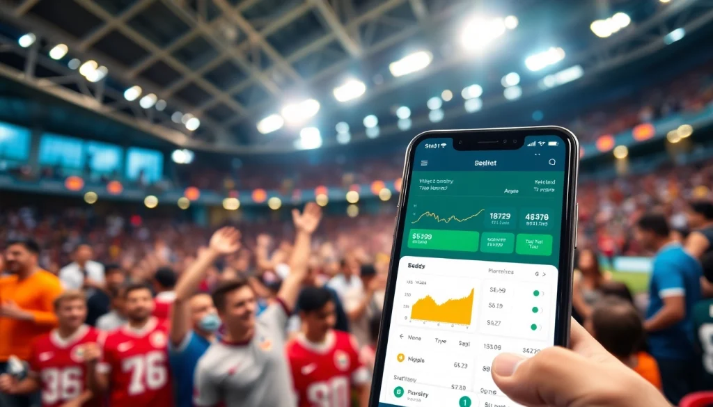 Engaging scene of sports betting in California with fans in a stadium and betting interfaces.