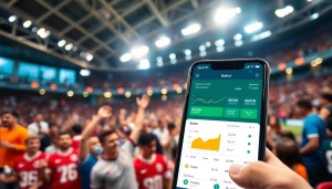 Engaging scene of sports betting in California with fans in a stadium and betting interfaces.