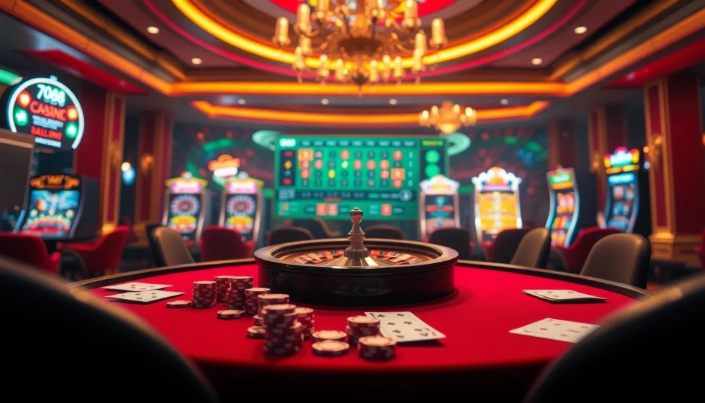 Engaging scene of nhà cái w88 showcasing various online gambling activities including casino tables and slot machines.