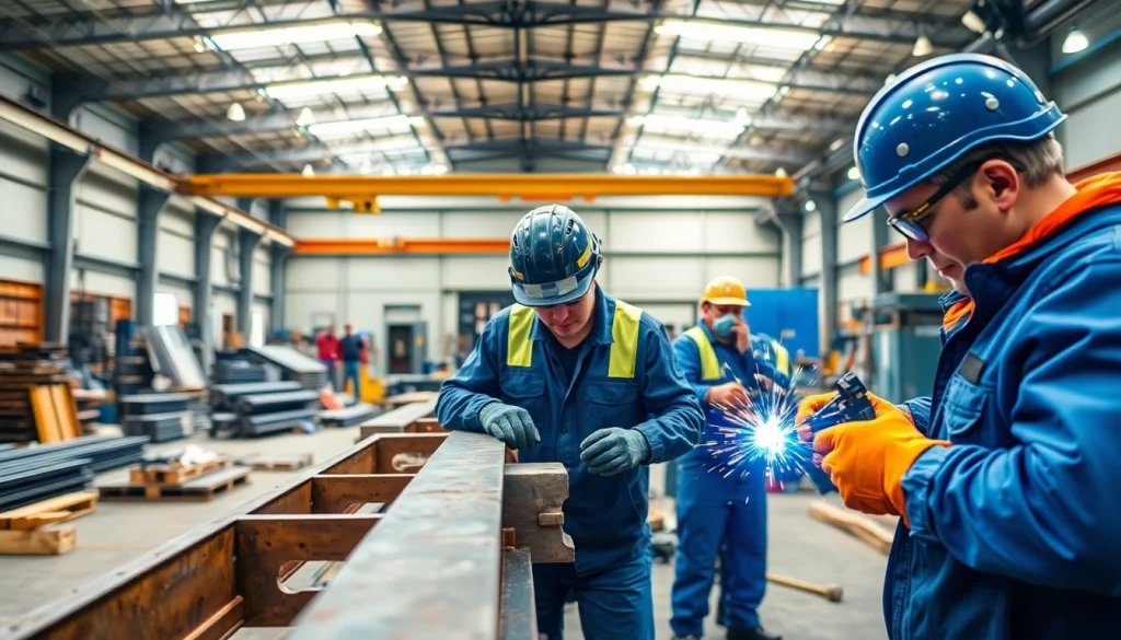 Workers engaged in structural steel fabrication, highlighting precision and craftsmanship in a dynamic workshop.