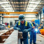 Workers engaged in structural steel fabrication, highlighting precision and craftsmanship in a dynamic workshop.