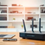 Showcase a modern vpn router in a sleek office setting with advanced features.