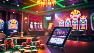 Experience the excitement of the 733bet App with vibrant casino visuals featuring games and mobile betting.