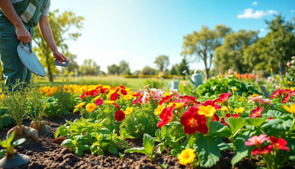 Gardening enthusiast cultivating fresh vegetables and colorful flowers in a sunlit garden.