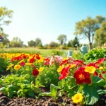 Gardening enthusiast cultivating fresh vegetables and colorful flowers in a sunlit garden.