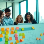 Engaging business professionals collaborating in a bright office to enhance their business strategies.