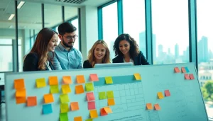 Engaging business professionals collaborating in a bright office to enhance their business strategies.