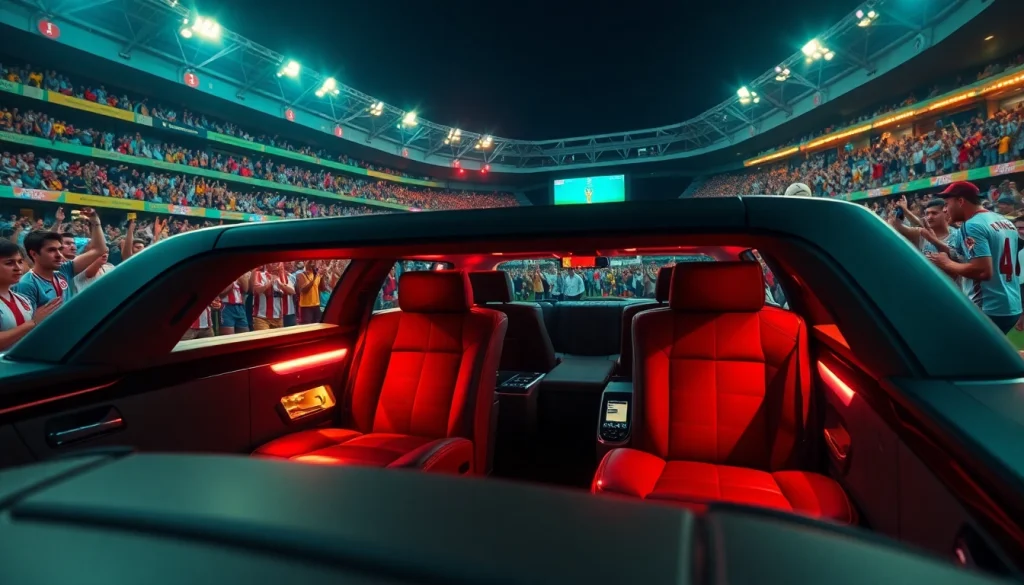 World Cup Group Transportation in a luxury limousine outside a stadium, capturing excitement and elegance.