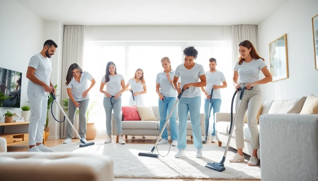 Cleaning service team professionally working in a bright, clean home environment to ensure customer satisfaction.