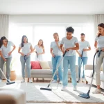 Cleaning service team professionally working in a bright, clean home environment to ensure customer satisfaction.