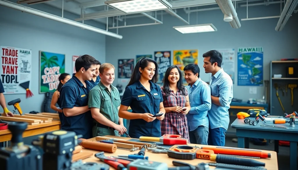 Students learning practical skills at trade schools in Hawaii in a vibrant classroom setting.