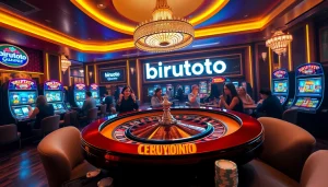 Exciting gaming action at a luxurious casino table showcasing birutoto-themed elements and vibrant atmosphere.