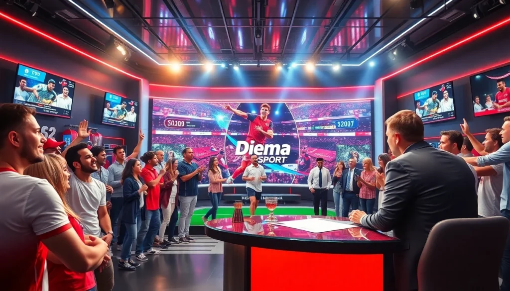 Watch Diema Sport online free featuring a vibrant television sports studio with dynamic lighting and sports memorabilia.