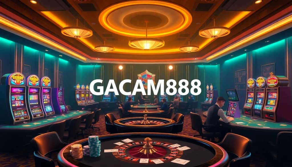 Experience the excitement of GACAM888, showcasing vibrant roulette and poker tables in a luxurious casino.