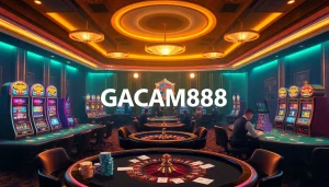 Experience the excitement of GACAM888, showcasing vibrant roulette and poker tables in a luxurious casino.
