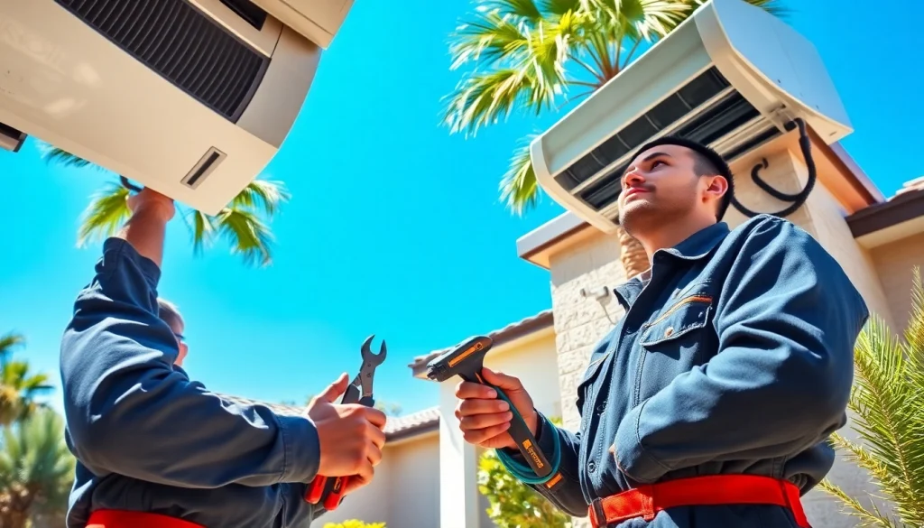 HVAC technician repairing the scottsdale ac unit outdoors in bright, sunny Arizona.