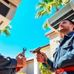 HVAC technician repairing the scottsdale ac unit outdoors in bright, sunny Arizona.